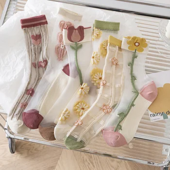 Чорапи с цветя, рози, дамски Летни Мрежести Черни Прозрачни памучни чорапи за дамите, еластични, дълги чорапи в стил ретро с красиви изрезки, женски